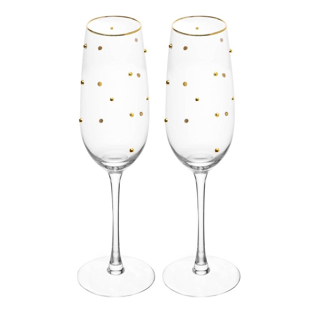 Cj 2 Taças de Vidro Transparente P/Champanhe C/Fio de Ouro Balls 220ml Wolff