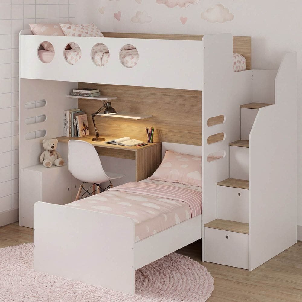 Cama Alta Office com Cama de Solteiro e Armário Baixo Star Maker Casatema Madeiraoriginals Branco/Itapoã