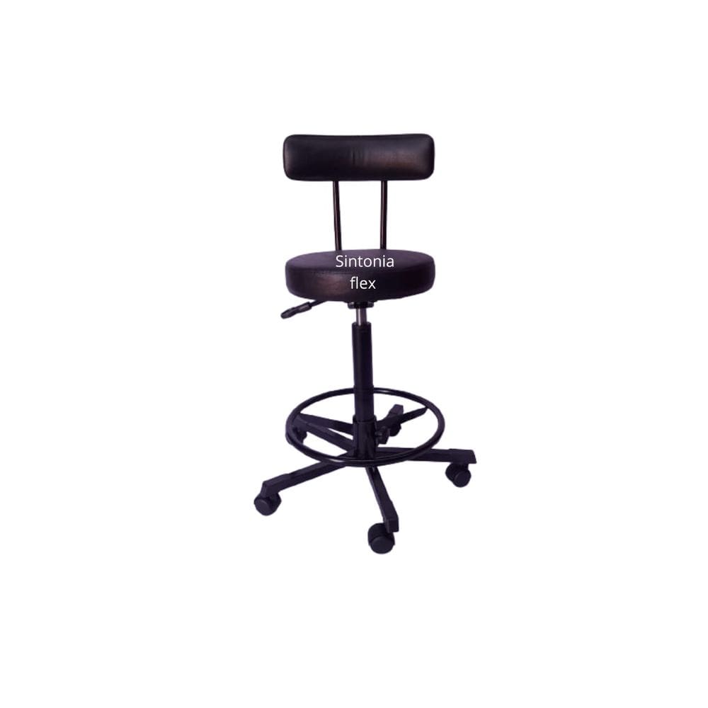 Cadeira mocho caixa alta podologo com L duplo aro base  em aço com rodízio corano preto