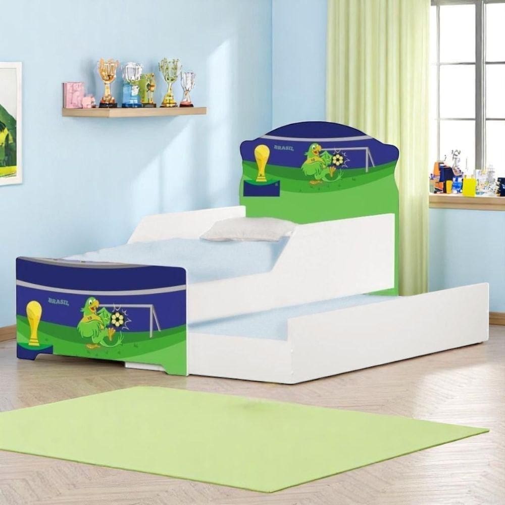 Bi Cama Infantil Kmcb com Proteção Lateral Estrutura Madeira Reforçada Futebol Adesivo Vinil