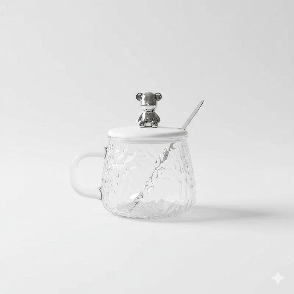 Copo Caneca De Vidro Com Colher Tampa Com Urso - Wm