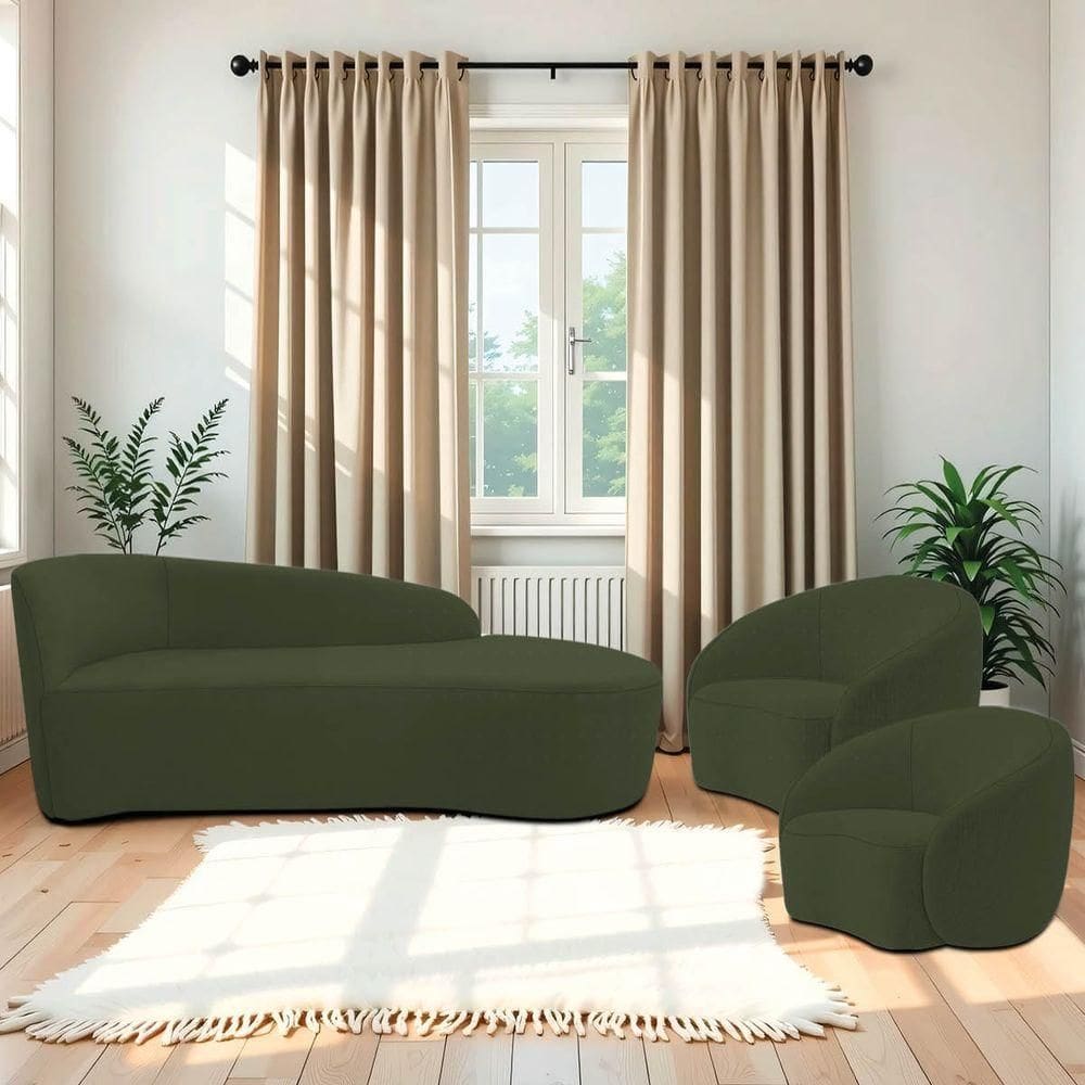 Kit Divã Recamier Orgânico França 140cm Lado Direito E 2 Poltronas Amore Linho Verde