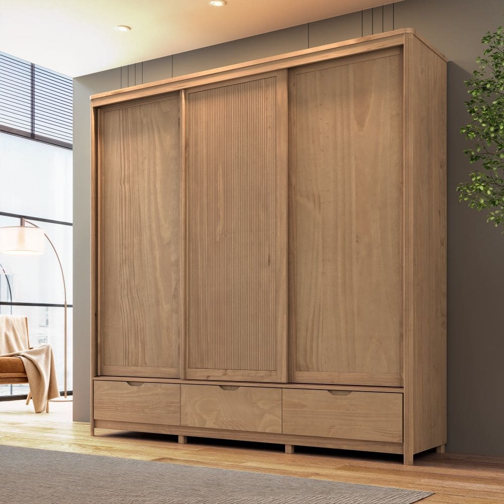 Guarda Roupa Madeira Maciça 3304U Nest 03 Portas de Correr e 03 Gavetas Tauari Finestra