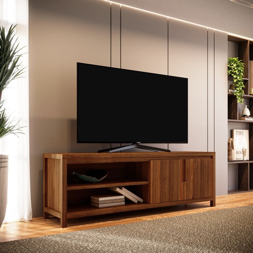 Rack Bancada TV até 80” 1552NE Nature Madeira Maciça com Nicho e 2 Portas Rústico Escuro Finestra