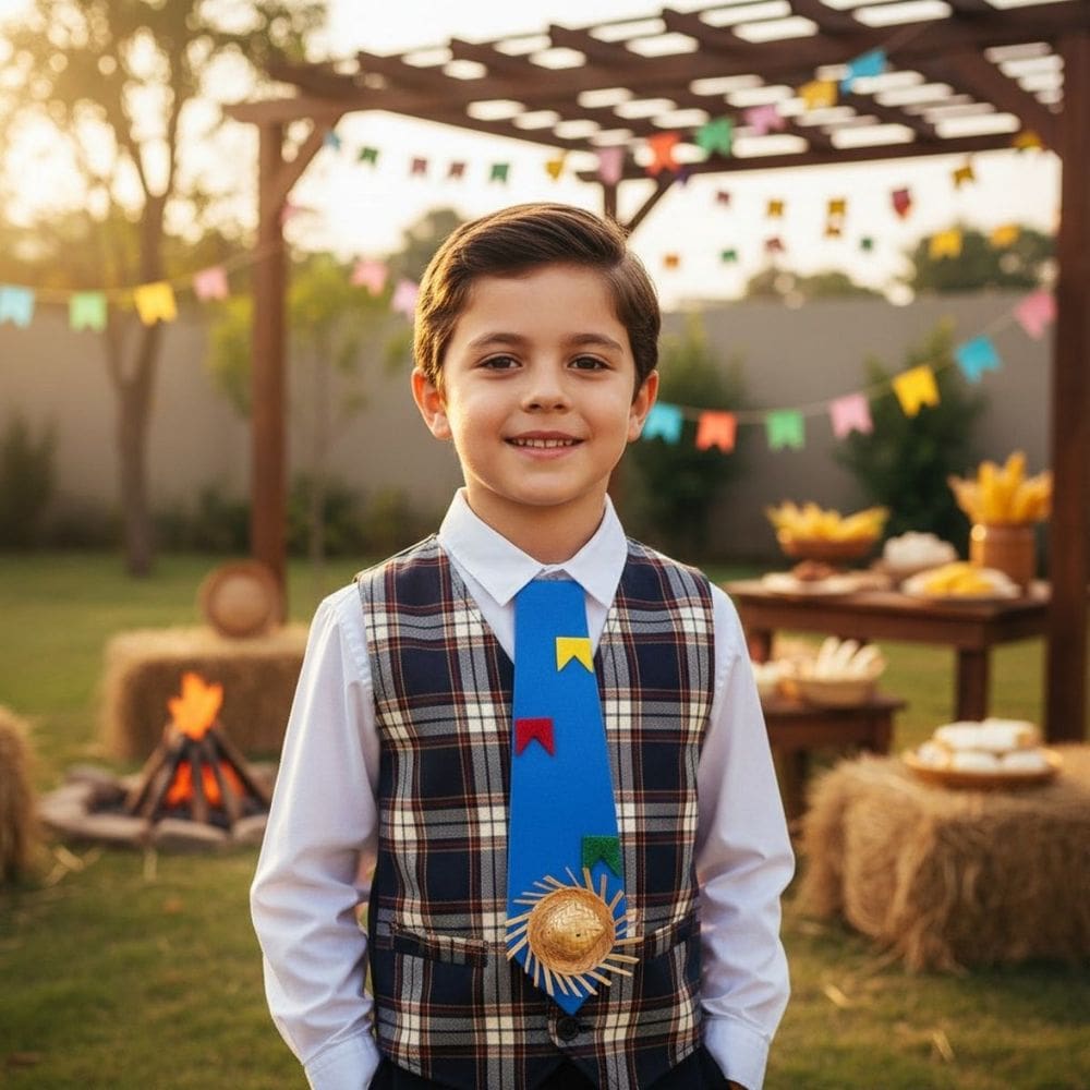 Gravata Caipira Artesanal Festa Junina EVA 30cm com Mini Chapéu e Bandeirinhas