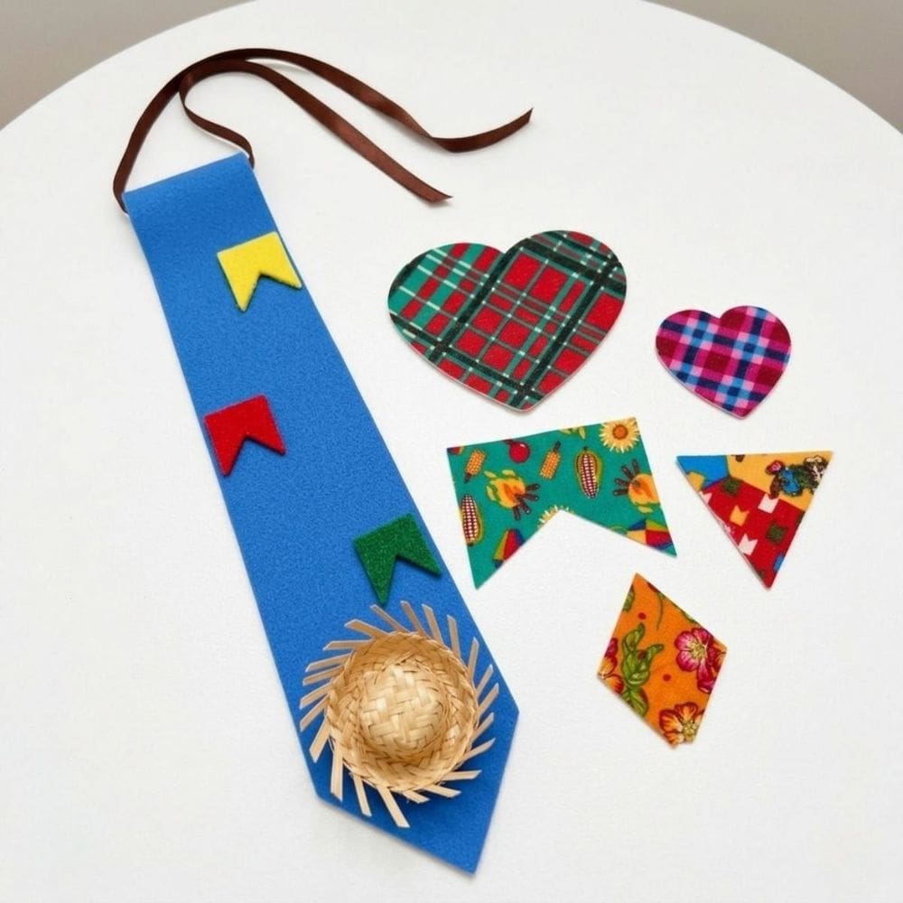 Kit Festa Junina Gravata Caipira + 5 Retalhos Autocolantes para Customizar Roupa