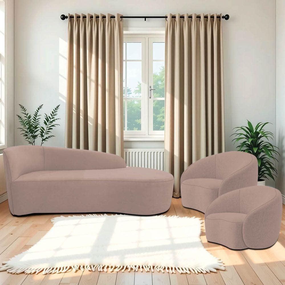 Kit Divã Recamier Orgânico França 140cm Lado Direito E 2 Poltronas Amore Linho Rosê