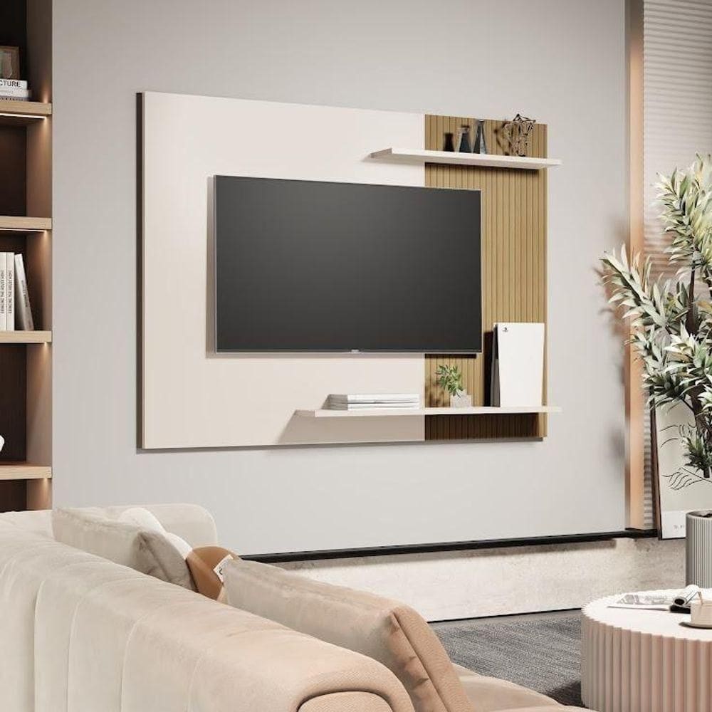 Painel De Parede Mênfis Ripado 1,35m Para Tv Com Prateleiras Decor Off/ripado