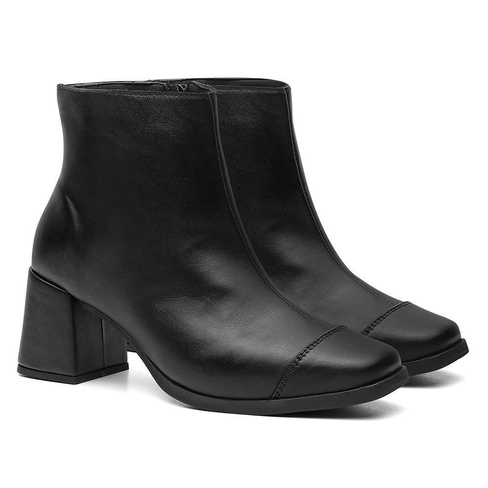 Bota Feminina Couro Cano Curto Salto Grosso Bico Quadrado Zíper