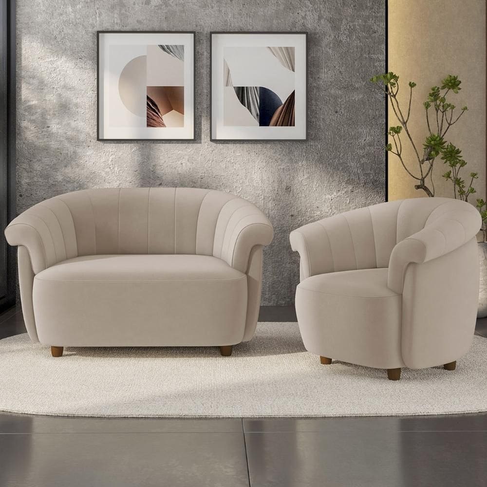 Sofá 2 Lugares 150cm E Poltrona Lykan Veludo Bege Z32 - Mpozenato