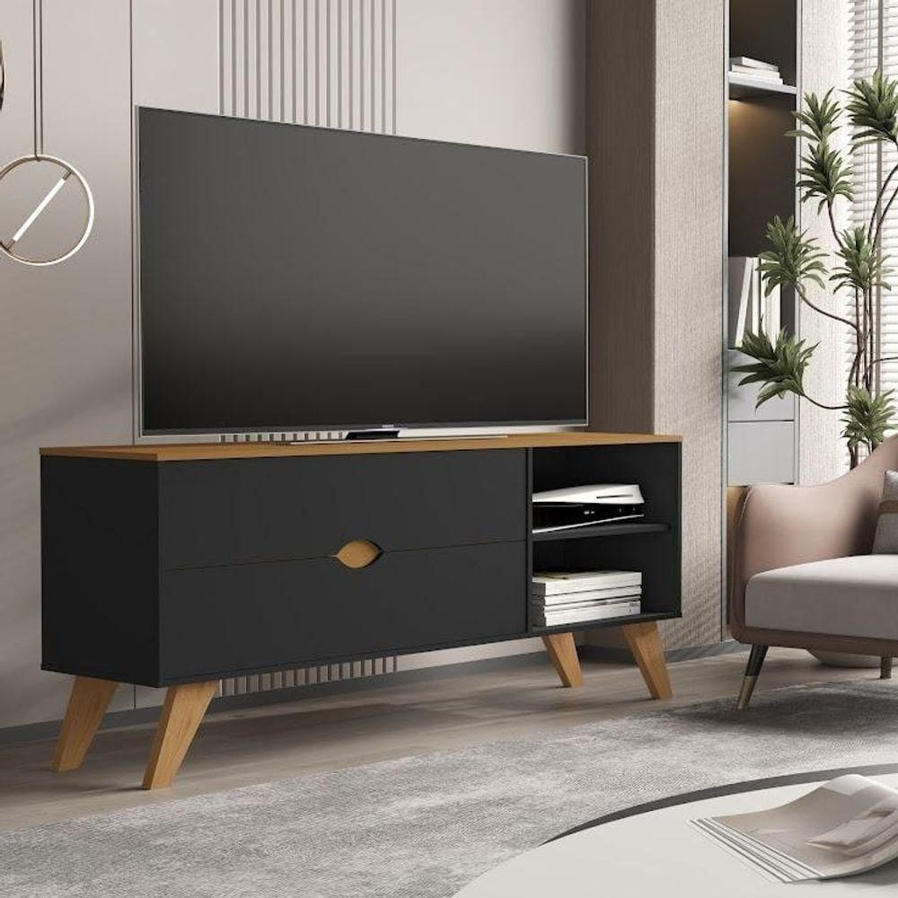 Rack Para Tv Até 55 Polegadas Homero Com Gavetas E Pés De Madeira Preto/cedro