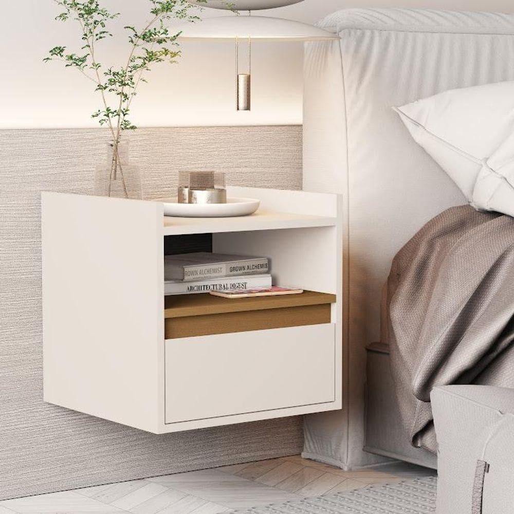 Mesa De Cabeceira Suspenso Minerva Com Porta Basculante E Nicho Para Quarto Off/cedro