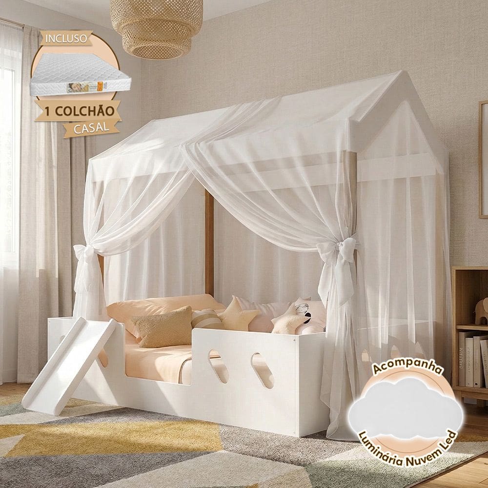 Cama Casinha Montessoriana Isa Mdf +led +voal + Escorregador + Colchão Casal Kids - Branco