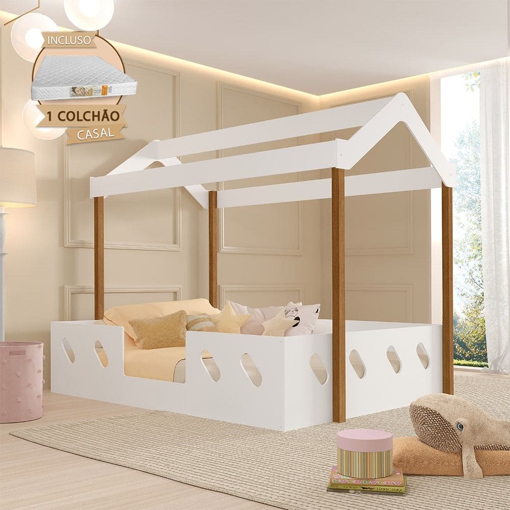 Cama Casinha Montessoriana Isa em Mdf + Colchão Casal Conforto Suporte para Dormir Top - Branco