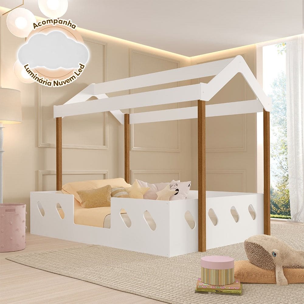 Cama Casinha Montessoriana Isa Mdf + Luminária Nuvem Leds Paredes Quarto Infantil - Branco