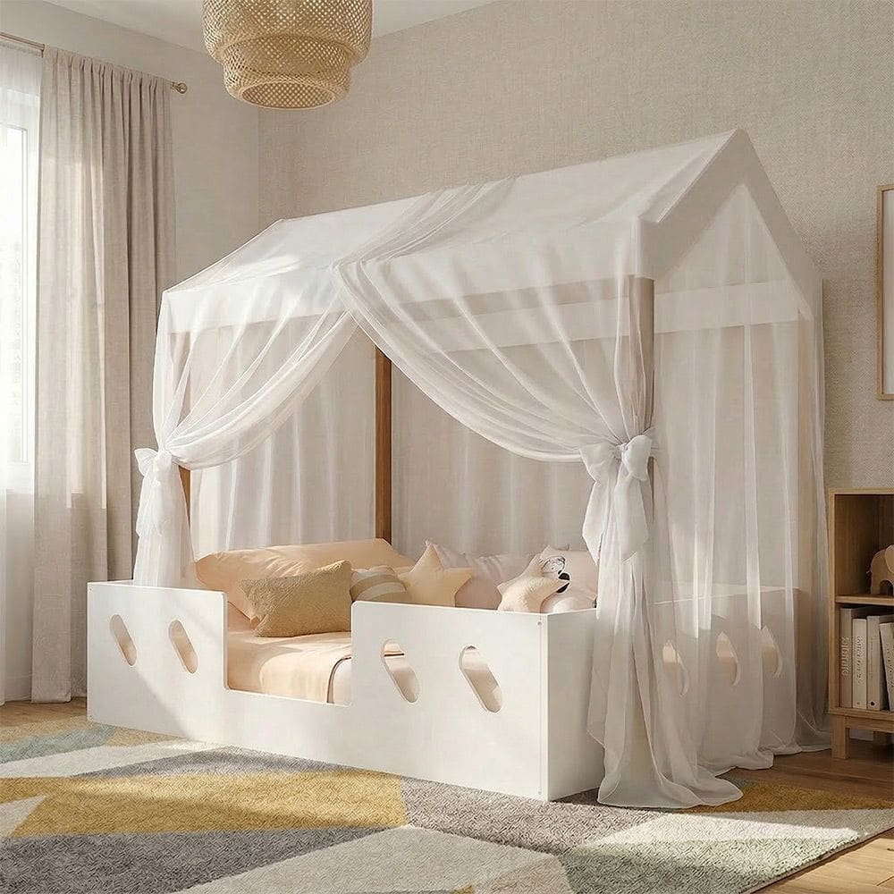 Cama Casinha Montessoriana Isa Mdf + Voal Mosquiteiro Dossel para Quarto Infantil - Branco