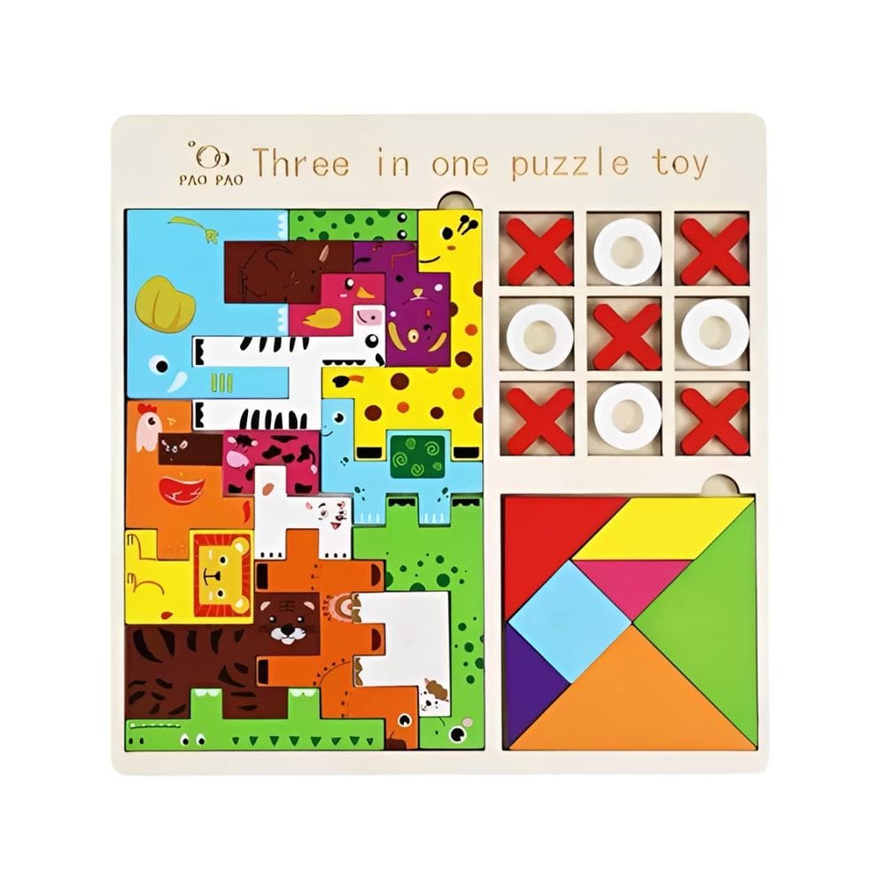 Brinquedo Educativo 3 em 1 em Madeira Tangram Jogo da Velha e Quebra Cabeça Animais de Blocos