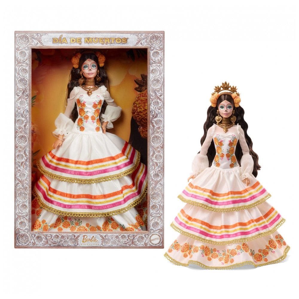 Boneca colecionável Barbie Signature Día De Muertos 2025 vestido creme com flores cempasúchil, rosto calavera e corpo articulado para