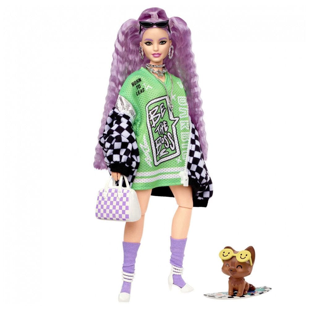 Boneca Barbie Extra curvy cabelo lilás ondulado com jaqueta corrida xadrez e cachorrinho com prancha