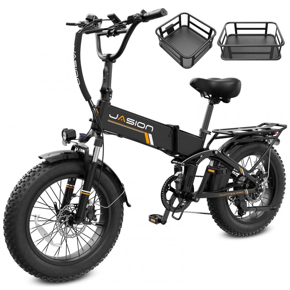 Bicicleta elétrica dobrável Jasion Hunter Pro preto corvo pneu grosso 20” motor 1000W pico 1800W bateria 48V 15Ah até 128 km 110V