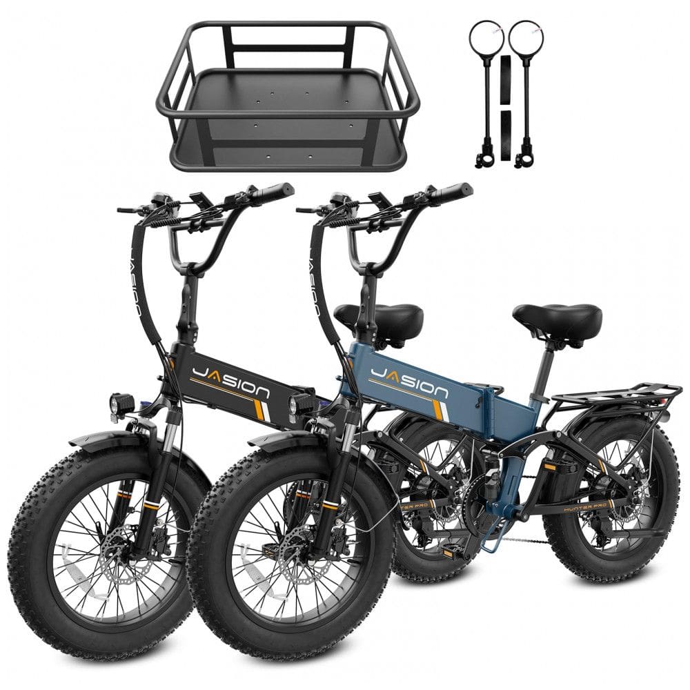 Kit com 2 bicicletas elétricas dobráveis Jasion Hunter Pro preto e azul pneu grosso 20” motor 1000W pico 1800W bateria 48V 15Ah até 128 km