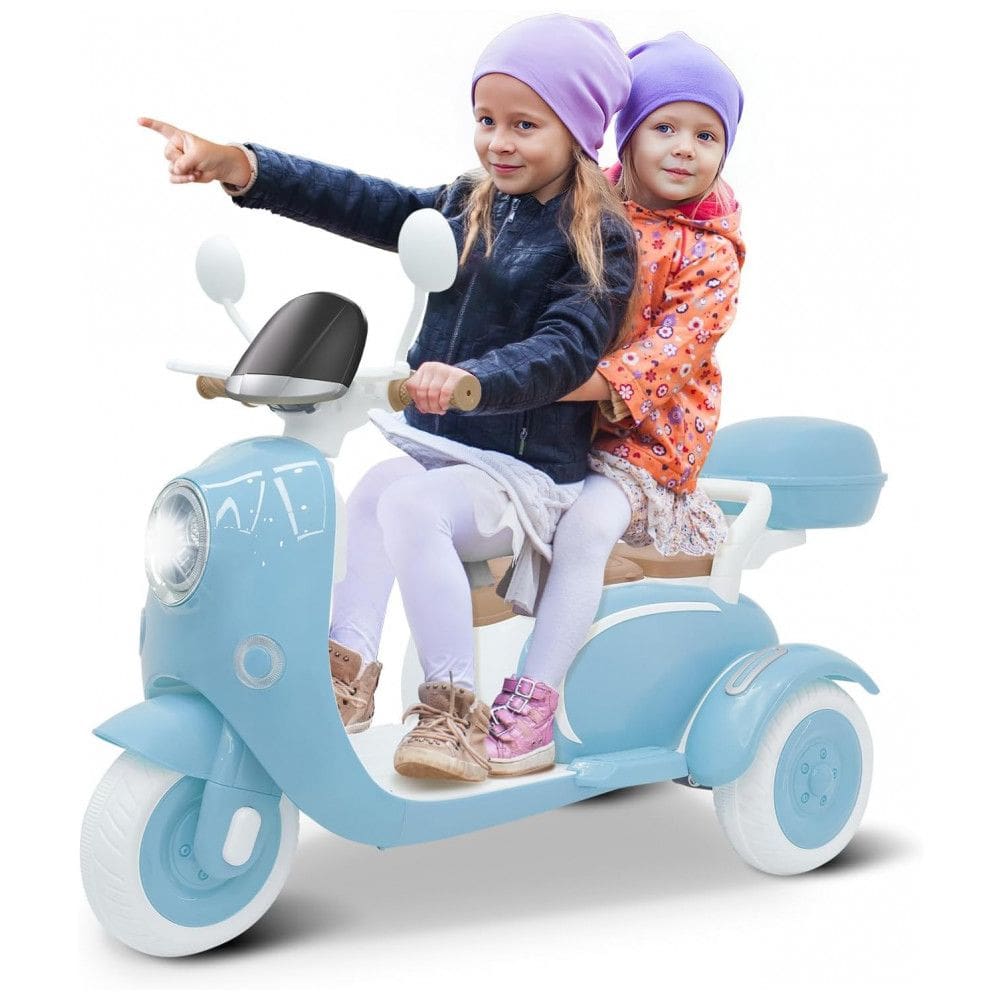 Moto Elétrica Infantil Letsgoride 12V Azul 2 Lugares 3 Rodas com Controle Remoto, Baú, Bluetooth, LED e Buzina 2x50W