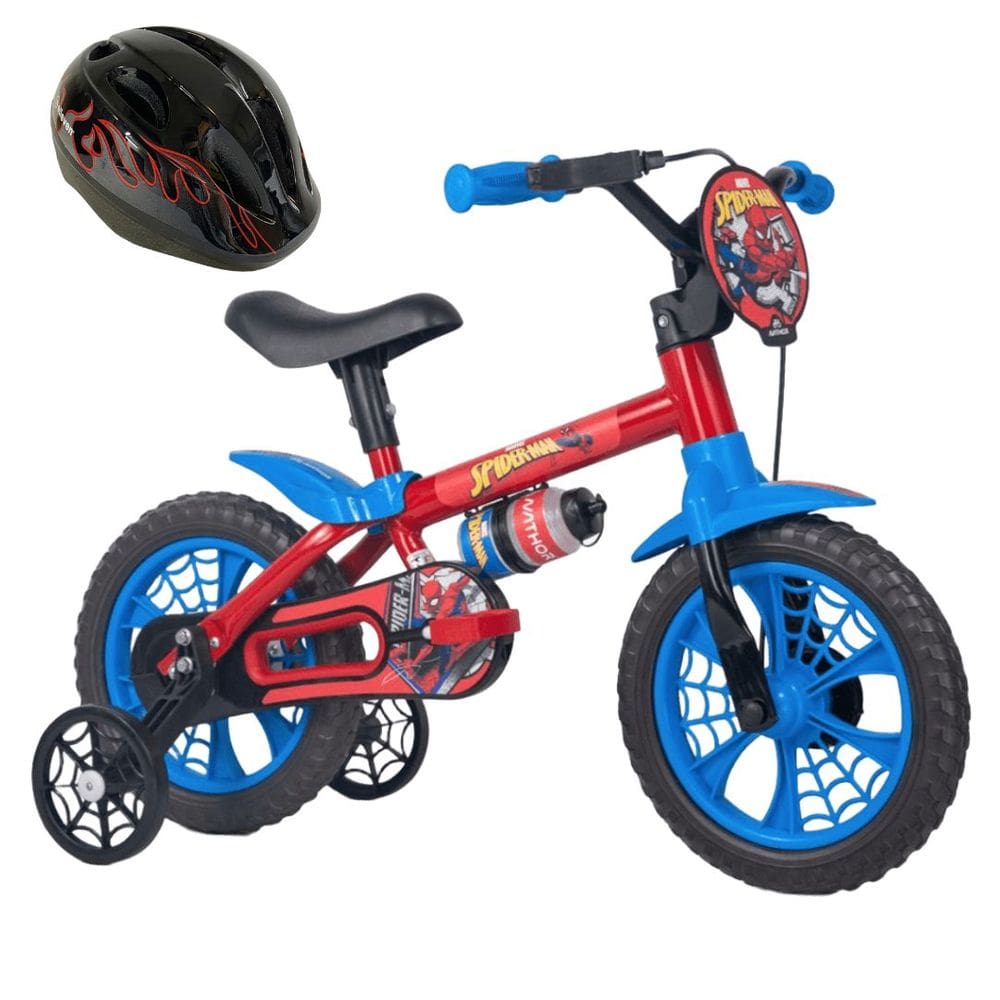 Bicicleta com Rodinha aro 12 Homem Aranha com Capacete Preto