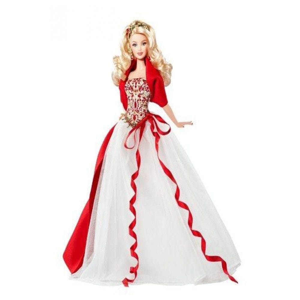 Boneca Barbie Collector 2010 Holiday com vestido branco longo, corpete vermelho e dourado, estola vermelha e acessórios festivos para