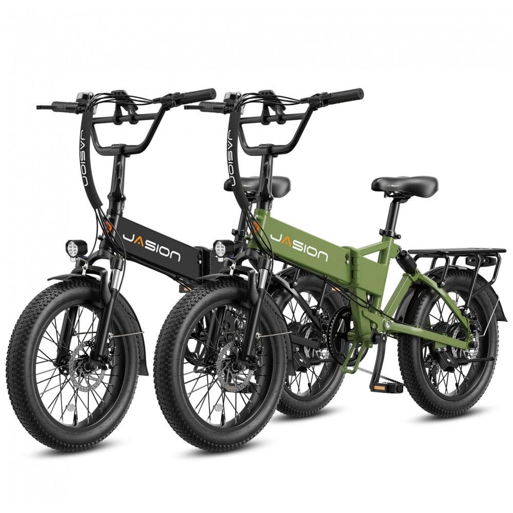 Kit com 2 bicicletas elétricas dobráveis Jasion EB7 preto jato, pneus 20x3, motor até 1200W, bateria 48V 10Ah, 7 marchas, suspensão dupla