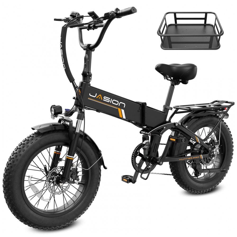 Bicicleta elétrica dobrável Jasion Hunter Pro preto anoitecer pneu grosso 20” motor 1000W pico 1800W bateria 48V 15Ah até 128 km 110V