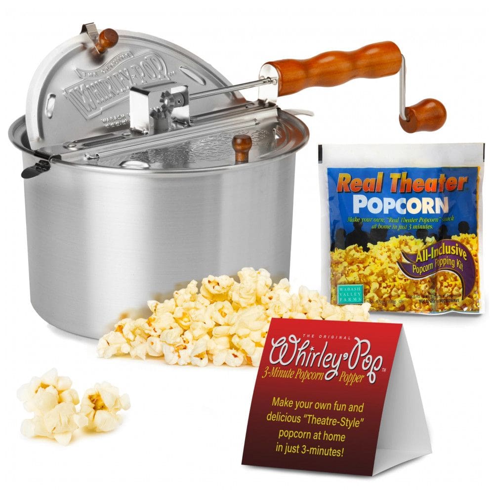 Pipoqueira de fogão Whirley Pop Wabash Valley Farms alumínio 5,7L cabo de madeira prata
