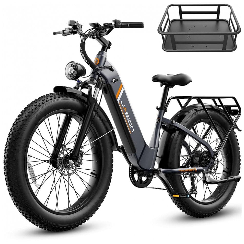 Bicicleta elétrica Jasion Thunder stealth black pneus 26x4 motor 750W nominal 1800W pico bateria 48V 18Ah 864Wh quadro aço carbono 7 marchas