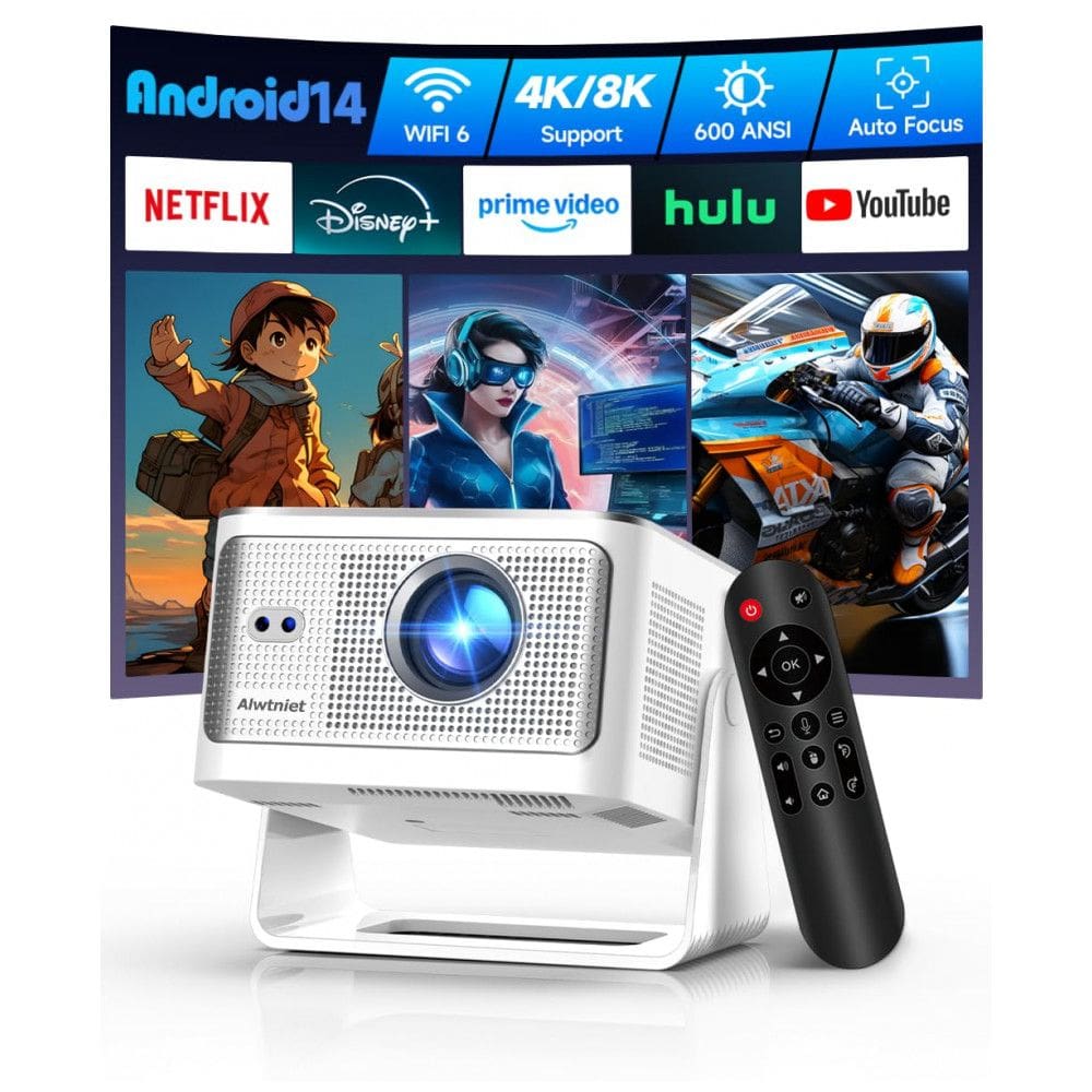 Mini Projetor Alwtniet Prata Wifi6 Bluetooth5.4 4K 8K Android 14 600 ANSI 350max