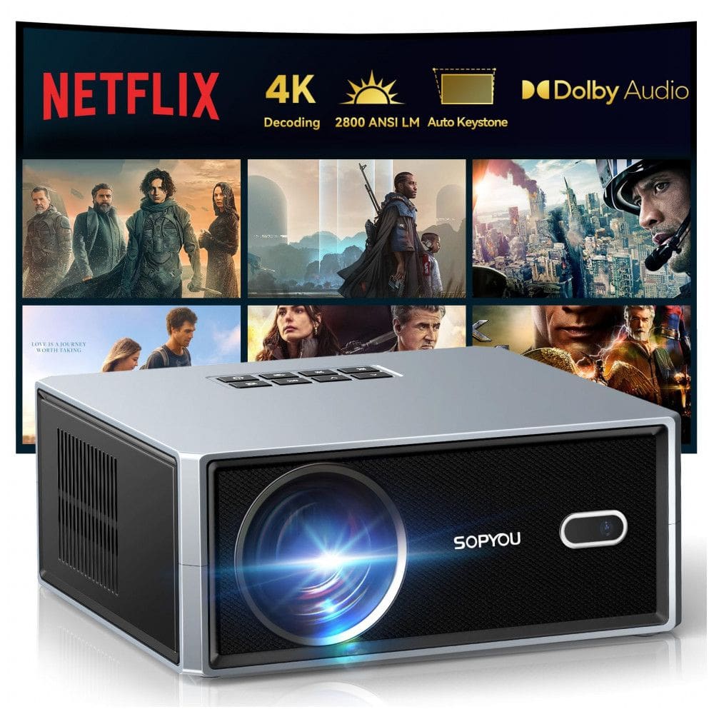 Projetor Smart SOPYOU Preto e Cinza WiFi 6 Bluetooth Foco Elétrico Netflix 1080P S450 240V