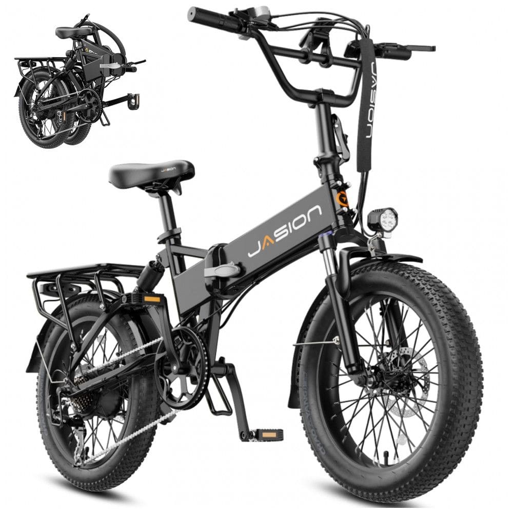 Bicicleta elétrica dobrável Jasion EB7 preto profundo, pneus 20x3, motor até 1200W, bateria 48V 10Ah, 7 marchas, suspensão dupla e voltagem