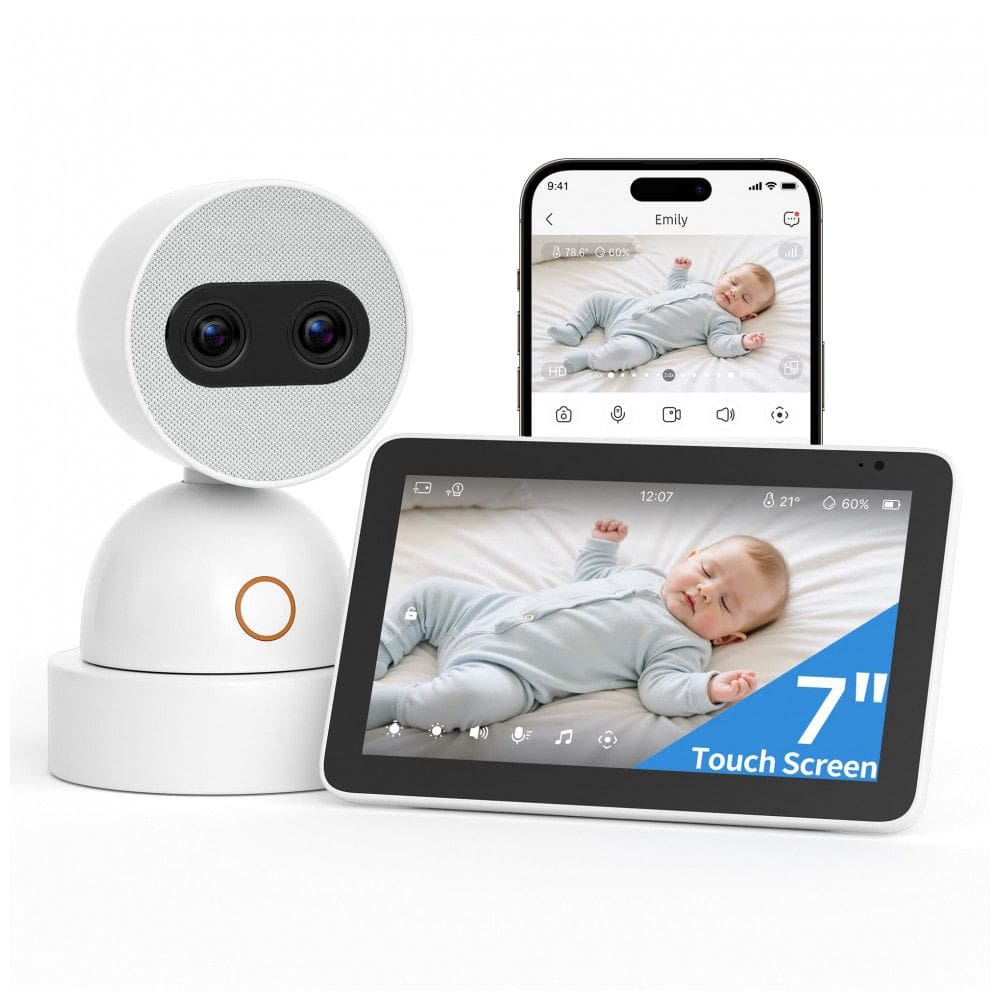 Babá Eletrônica Tela Dividida Simsky 2 Câmeras 4MP Zoom 6x Tela UHD 7” YM300 Branco