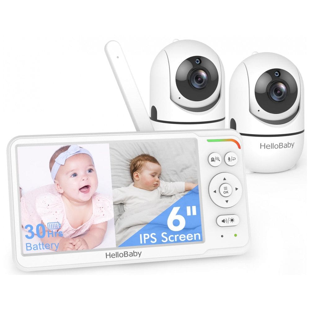 Babá Eletrônica HelloBaby 2 Câmeras Tela IPS 6” Dividida Bateria 30h Pan Tilt Zoom HB6560-2 Branco