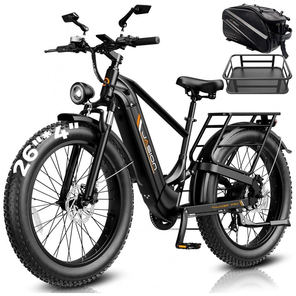 Bicicleta elétrica Jasion Thunder PRO preto obsidian pneus 26x4 motor 750W nominal 1800W pico bateria 48V 18Ah 864Wh quadro aço carbono 7