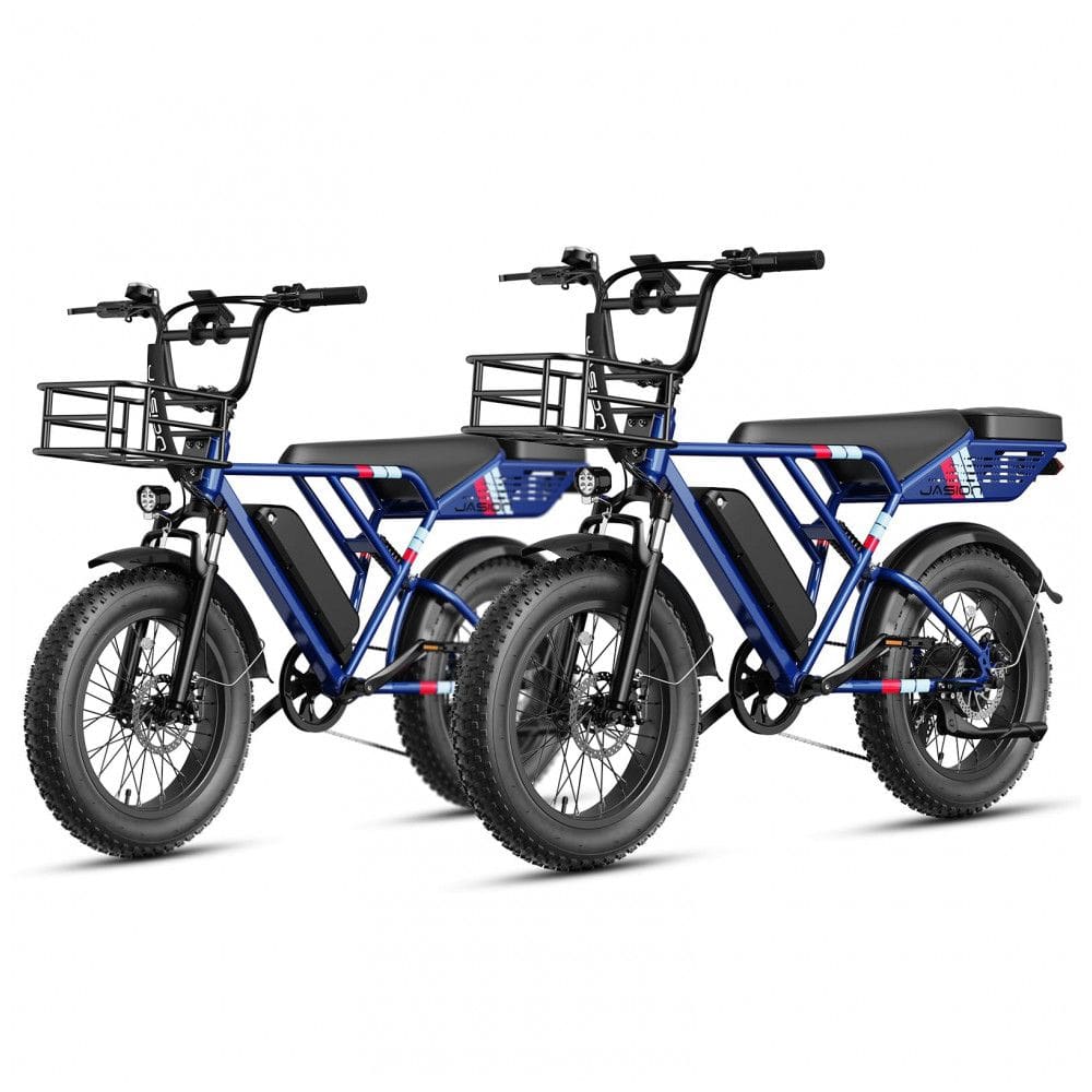 Bicicleta elétrica Jasion RetroVolt azul, pneus 20x4, motor 750W pico 2000W, bateria 48V 13Ah, 7 marchas, suspensão dupla, até 48km/h 110V