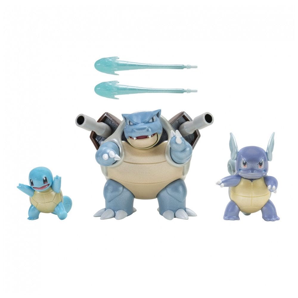 Conjunto de figuras Pokémon Select Evolution Squirtle Wartortle Blastoise com 3 estátuas articuladas para brincar e expor