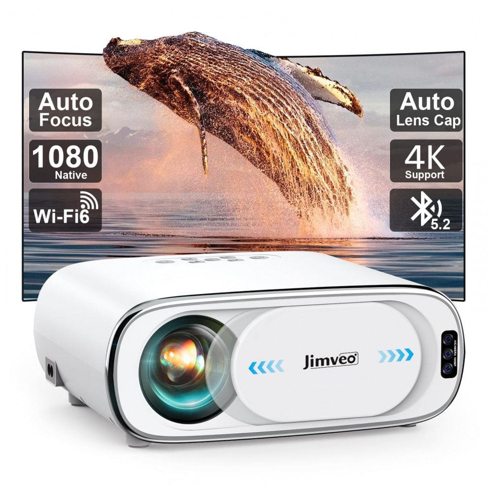Projetor Portátil Jimveo E30 Branco Foco Automático Keystone 6D 1080P Suporte 4K WiFi 6 Bluetooth 1500 Lúmens