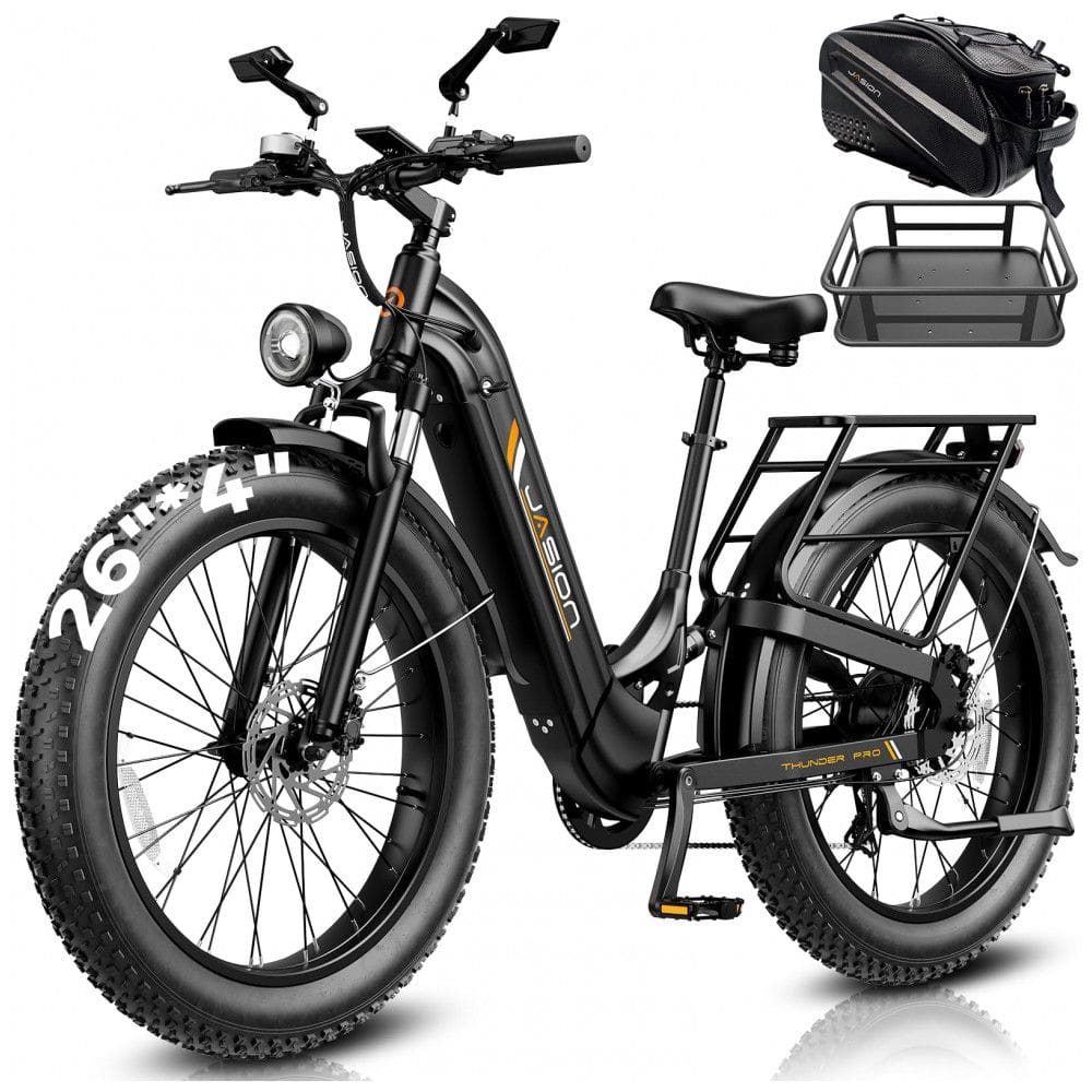 Bicicleta elétrica Jasion Thunder PRO ST preto obsidian pneus 26x4 motor 1200W nominal 2000W pico bateria 52V 20Ah 1040Wh suspensão total 7