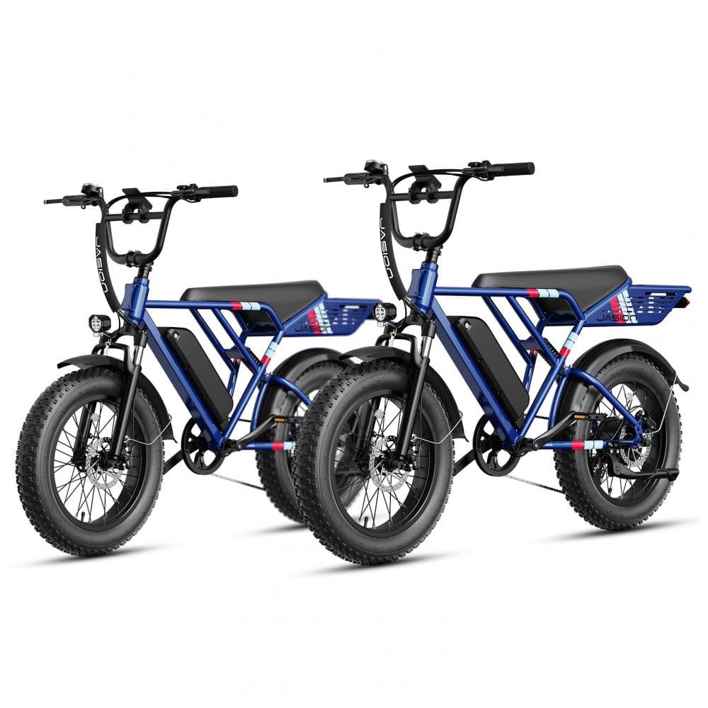 Bicicleta elétrica Jasion RetroVolt kit 2 unidades azul 20x4 suspensão dupla freio hidráulico motor 1500W pico bateria 48V 13Ah 70 km 7