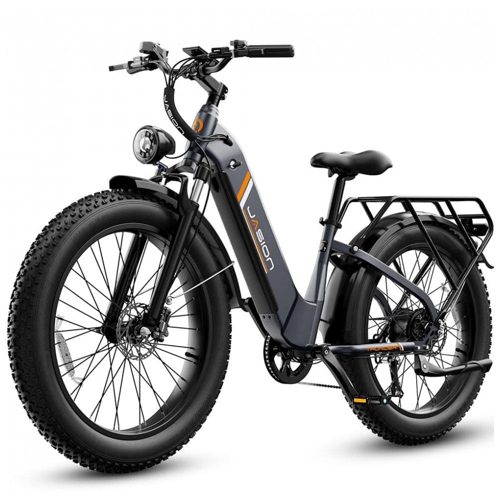 Bicicleta elétrica Jasion Thunder preto raven pneus 26x4 motor 750W nominal 1800W pico bateria 48V 18Ah 864Wh quadro aço carbono 7 marchas
