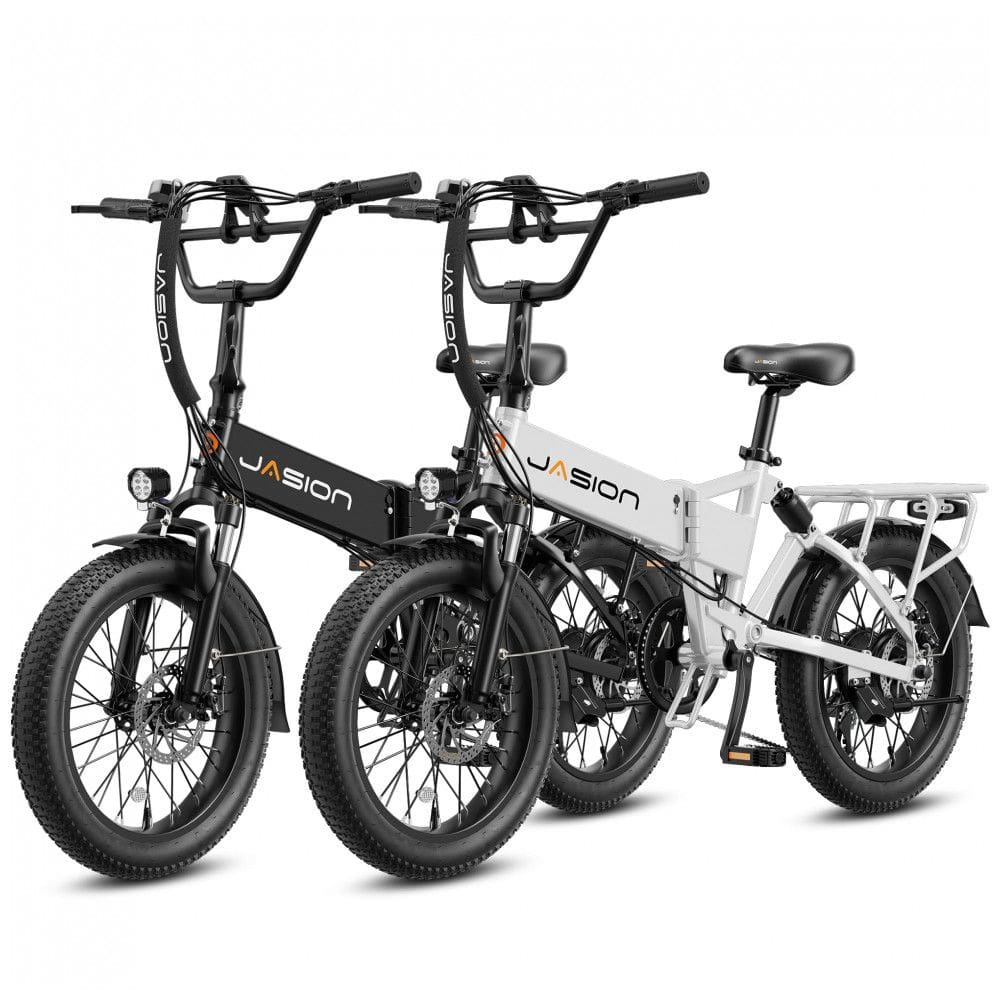 Kit com 2 bicicletas elétricas dobráveis Jasion EB7 preto e branco, pneus 20x3, motor até 1200W, bateria 48V 10Ah, 3 marchas