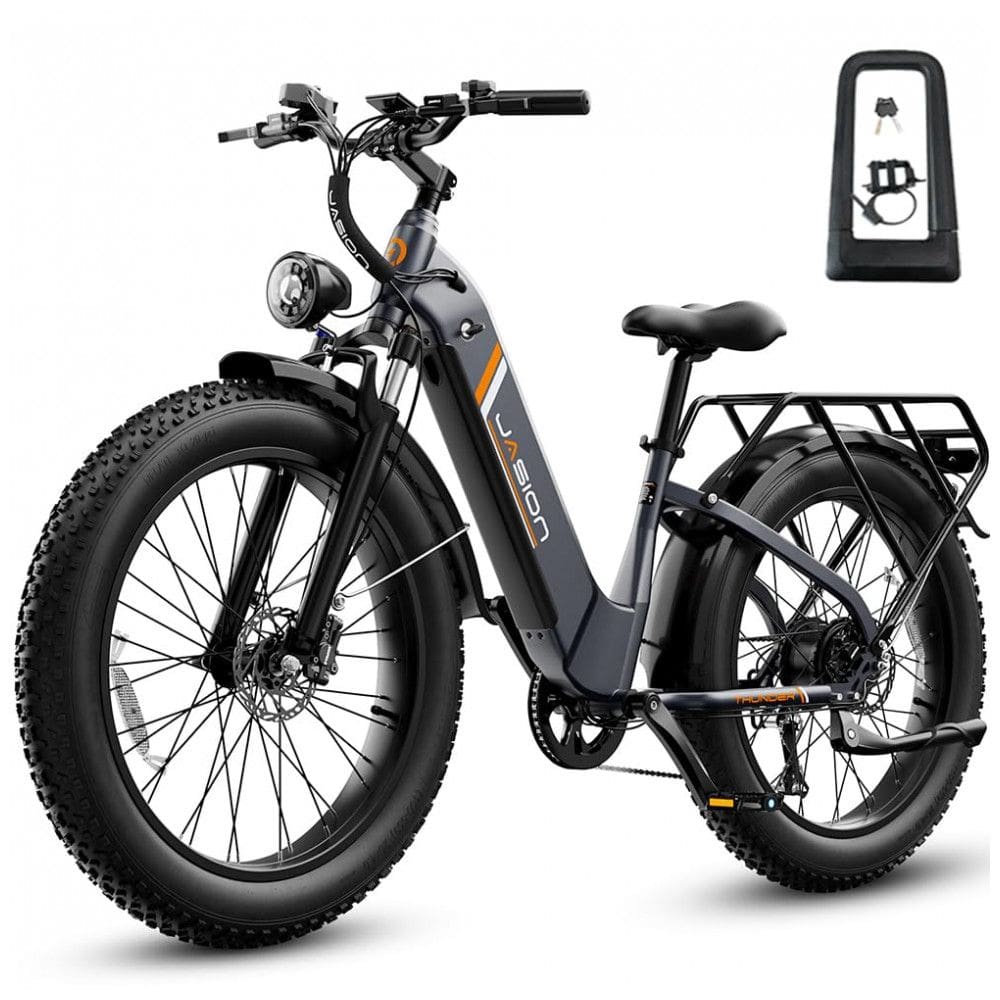 Bicicleta elétrica Jasion Thunder preto cinza pneus 26x4 motor 750W nominal 1800W pico bateria 48V 18Ah 864Wh quadro aço carbono 7 marchas