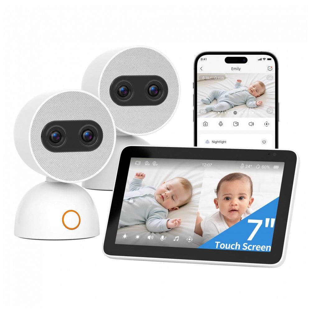 Babá Eletrônica Tela Dividida Simsky 2 Câmeras 4MP Zoom 6x Tela UHD 7” YM300-2 Branco