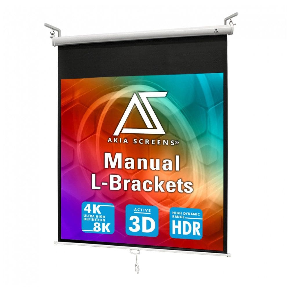Tela de projeção manual 125” Akia Screens 1:1 MaxWhite 2 carcaça branca com suporte L-Bracket