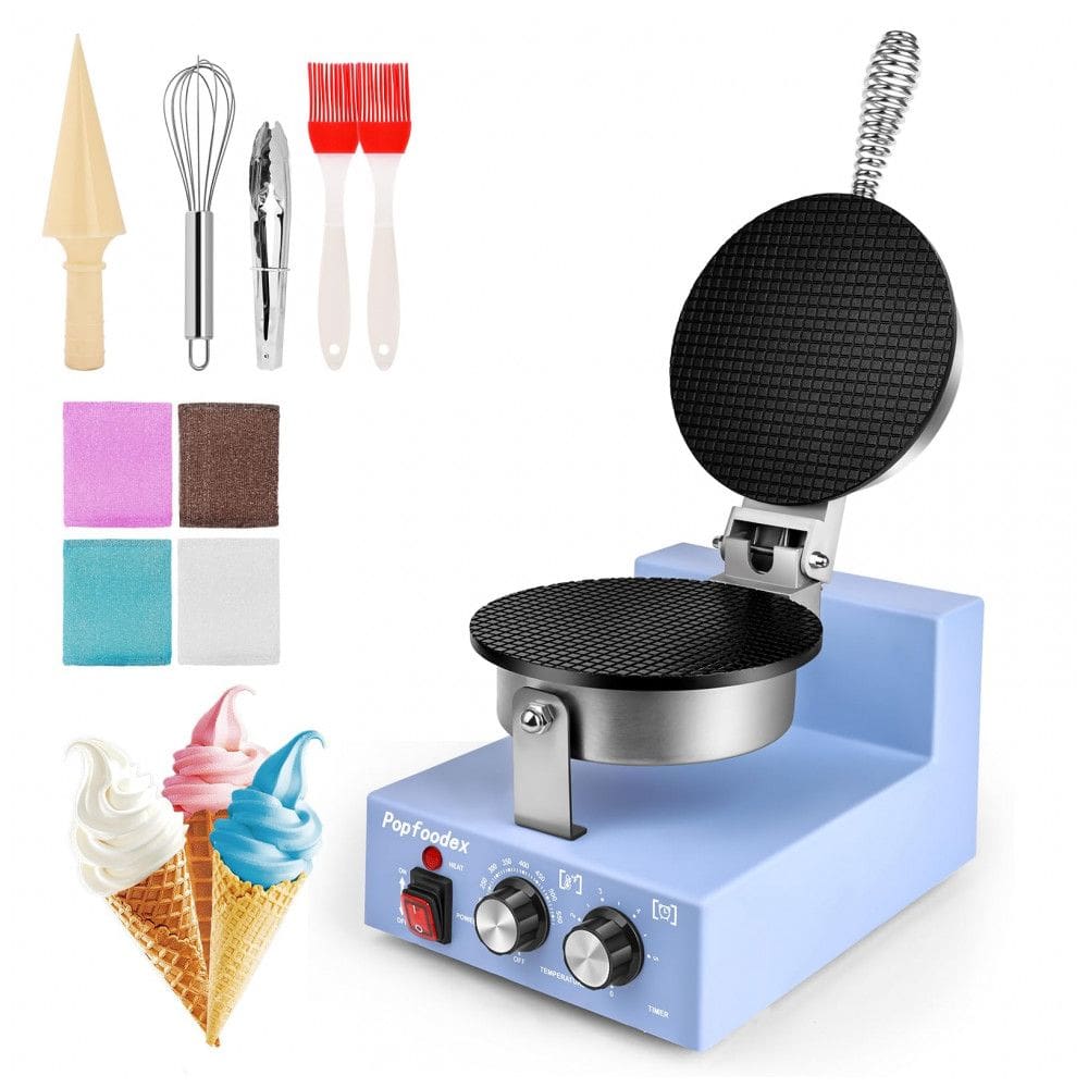 Máquina para Casquinha de Sorvete Comercial POPFOODEX Azul Placa Antiaderente 20 cm 1200W 120V