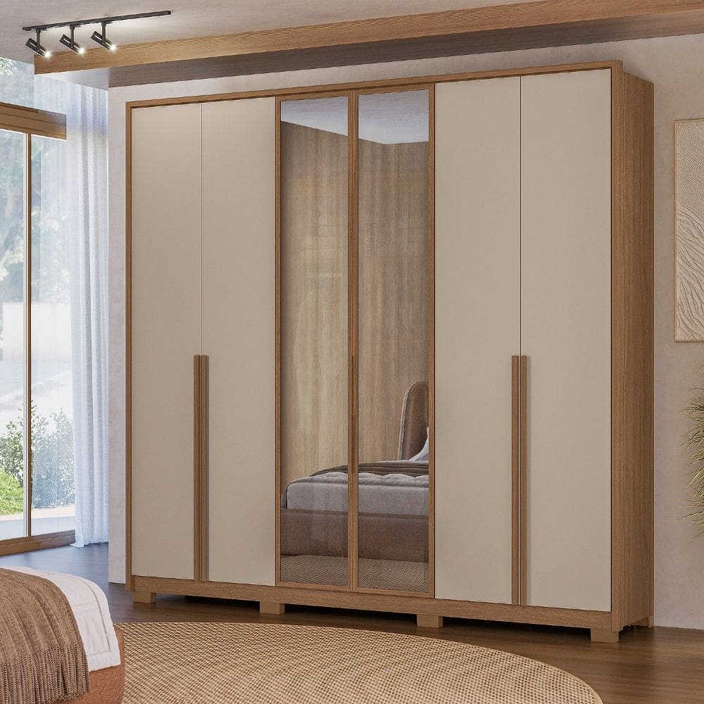 Guarda Roupa Roupeiro Atacama 06 Portas 04 Gavetas Vidro Reflecta Carvalho Fendy Moval